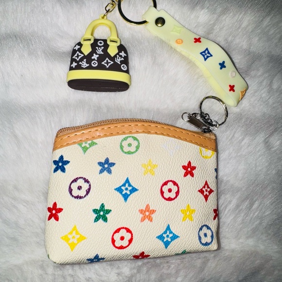 Multicolor Monogram Coin Pouch with Bag Charm or Keychain set- NEW - Picture 2 of 5